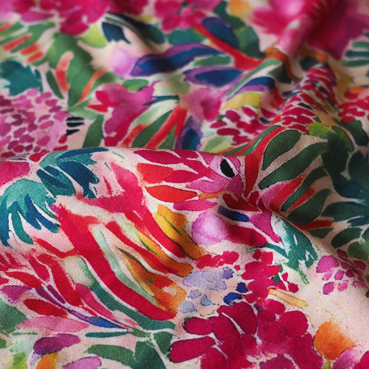 Summer Garden Viscose Jersey Fabric for dressmaking