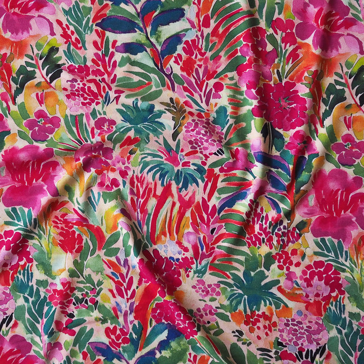 Summer Garden Viscose Jersey Fabric for dressmaking