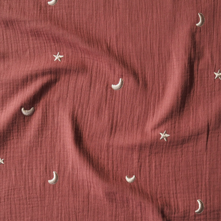 Russet Starry Night Embroidered Cotton Double Gauze Fabric for dressmaking