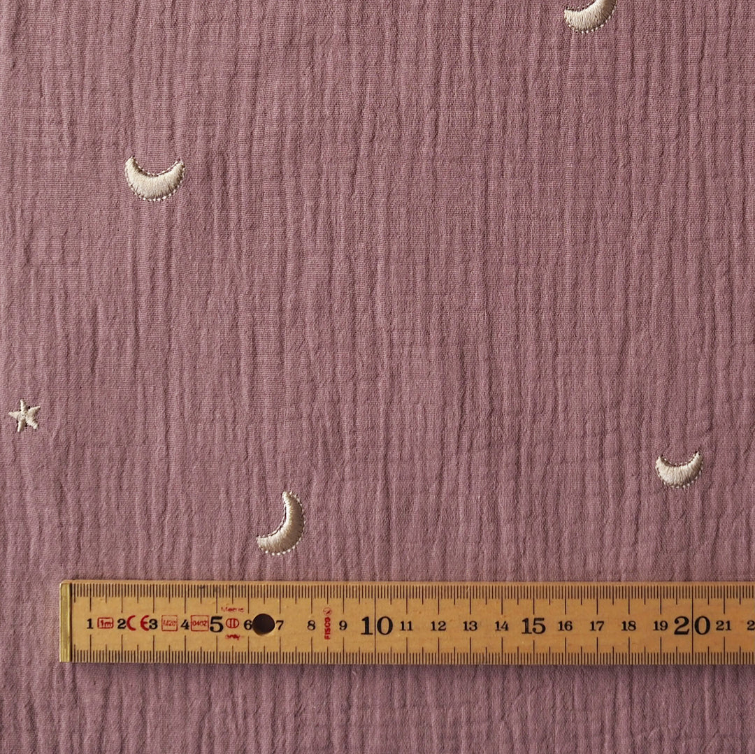Mauve Starry Night Embroidered Cotton Double Gauze Fabric for dressmaking