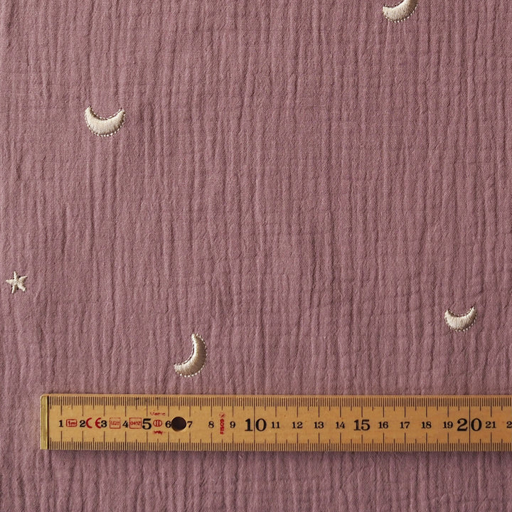 Mauve Starry Night Embroidered Cotton Double Gauze Fabric for dressmaking