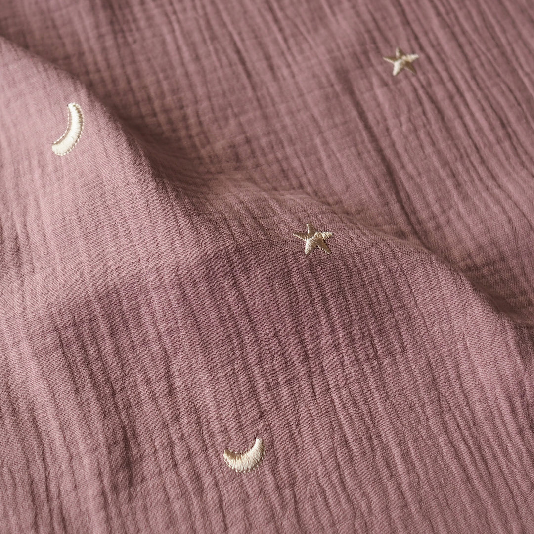 Mauve Starry Night Embroidered Cotton Double Gauze Fabric for dressmaking