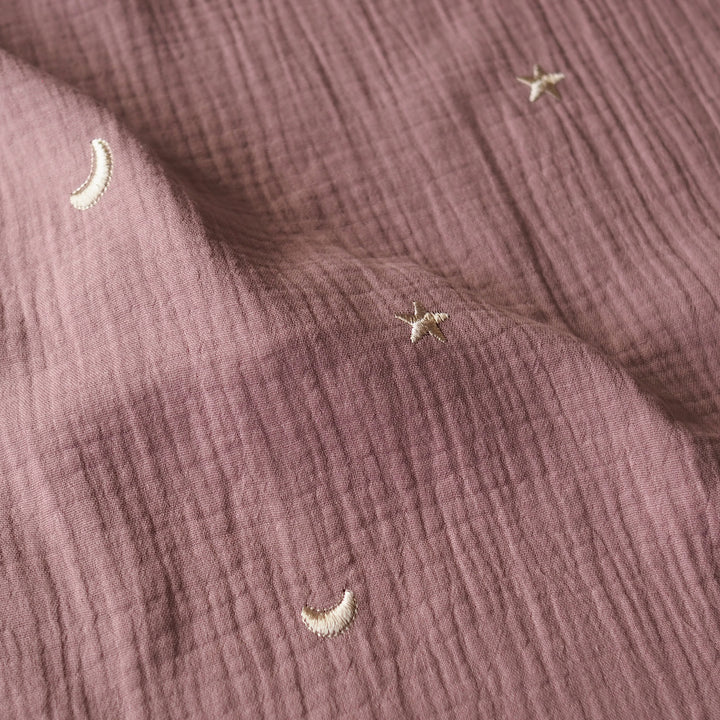 Mauve Starry Night Embroidered Cotton Double Gauze Fabric for dressmaking