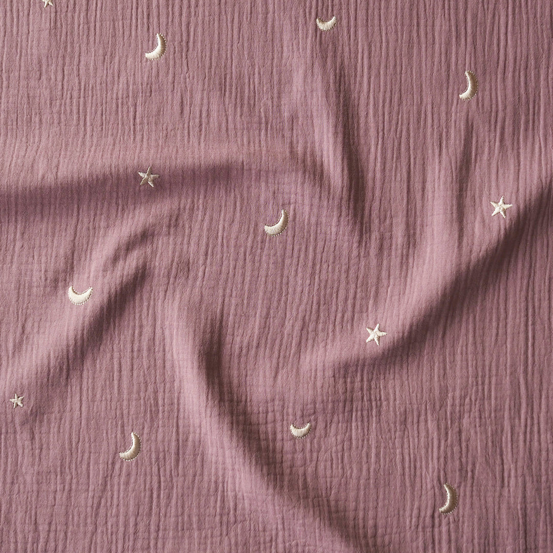 Mauve Starry Night Embroidered Cotton Double Gauze Fabric for dressmaking