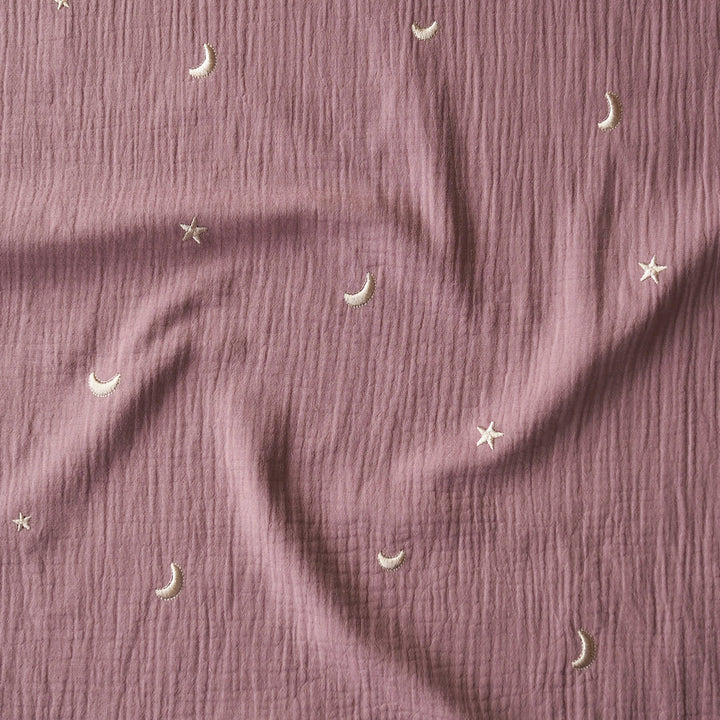 Mauve Starry Night Embroidered Cotton Double Gauze Fabric for dressmaking