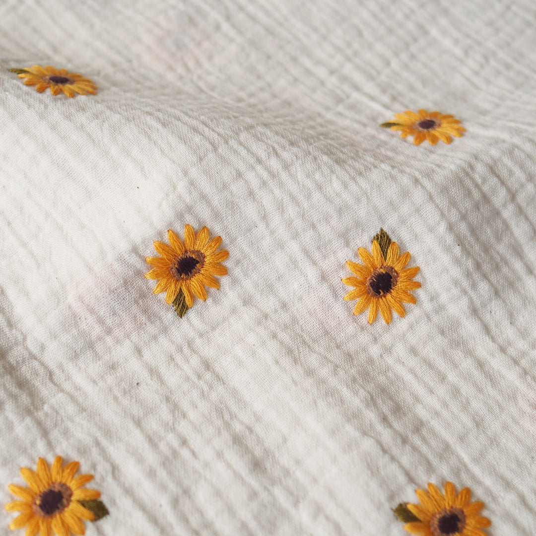 Sunflower Scatter Embroidered Cotton Double Gauze Fabric for dressmaking