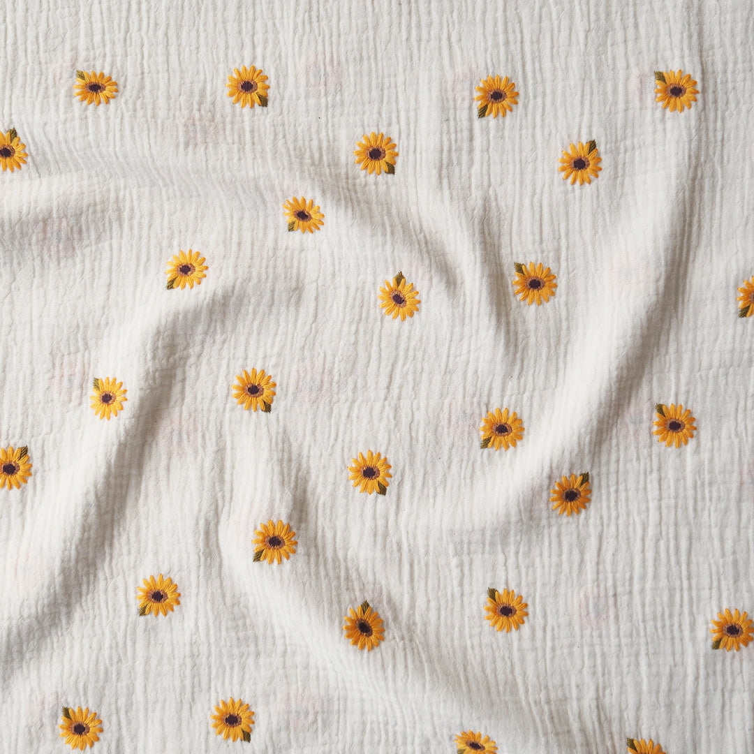 Sunflower Scatter Embroidered Cotton Double Gauze Fabric for dressmaking