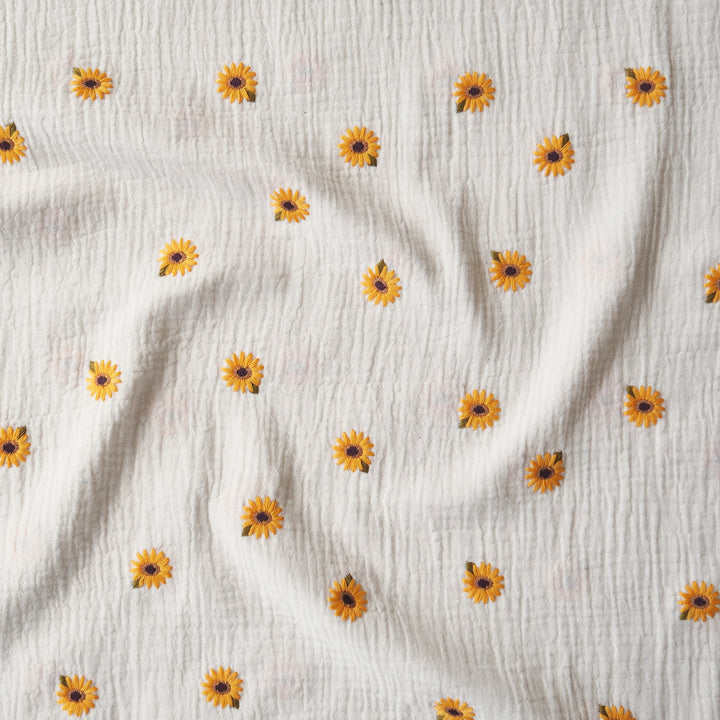 Sunflower Scatter Embroidered Cotton Double Gauze Fabric for dressmaking