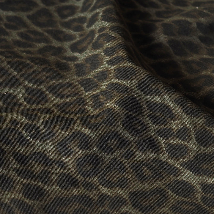 Olive Leopard Print Rigid Cotton Denim Fabric for dressmaking