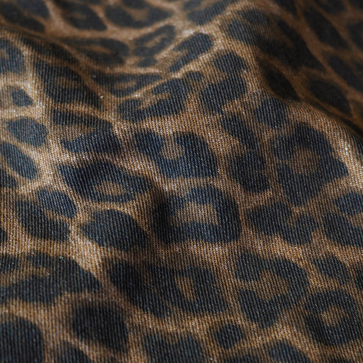 Tan Leopard Print Rigid Cotton Denim Fabric for dressmaking