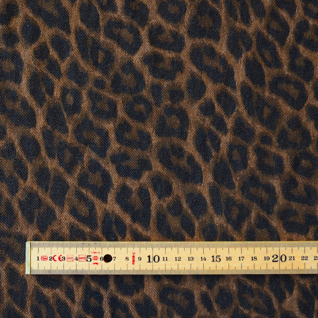 Tan Leopard Print Rigid Cotton Denim Fabric for dressmaking