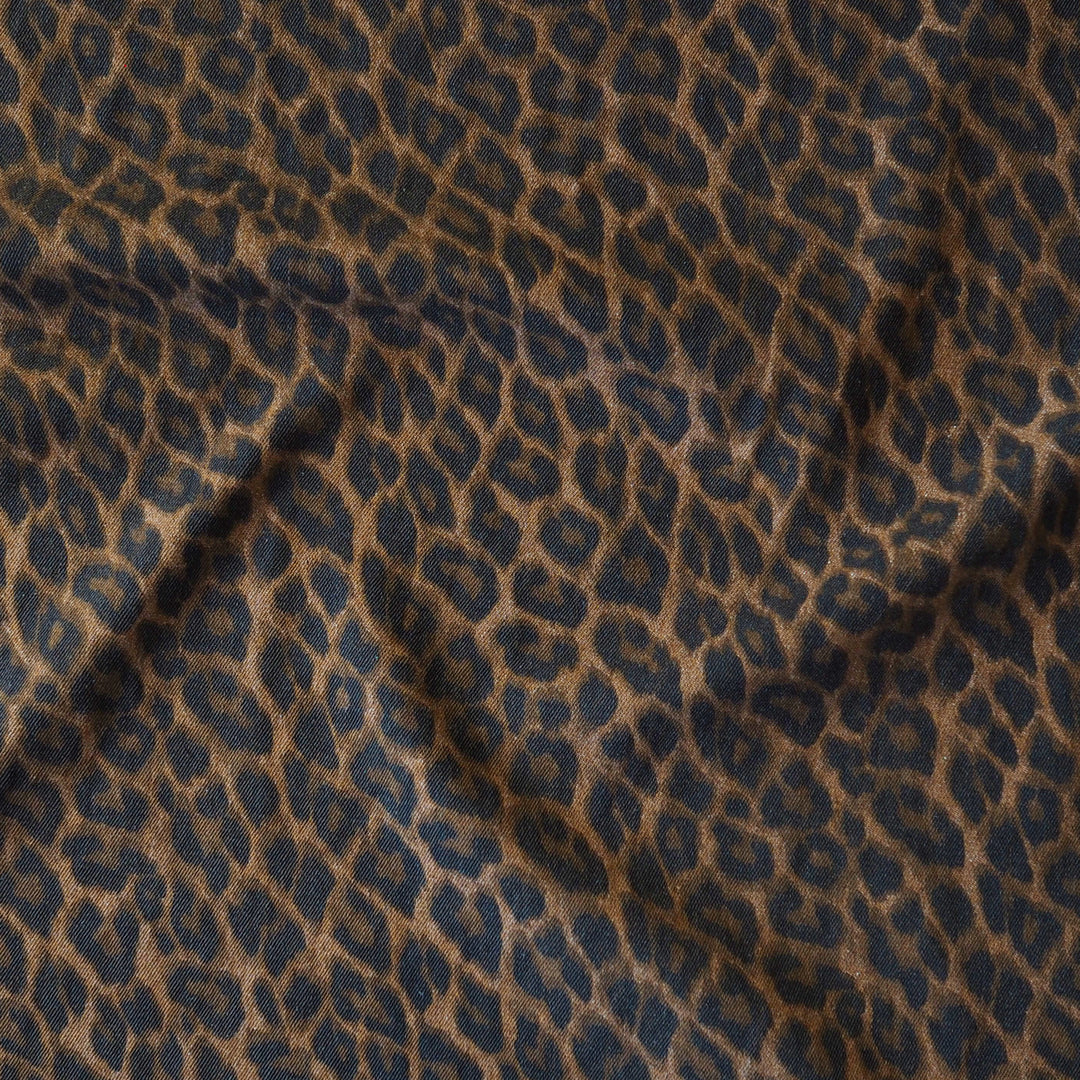 Tan Leopard Print Rigid Cotton Denim Fabric for dressmaking