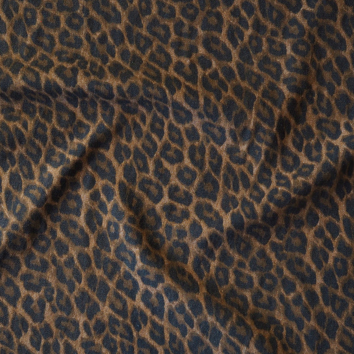 Tan Leopard Print Rigid Cotton Denim Fabric for dressmaking