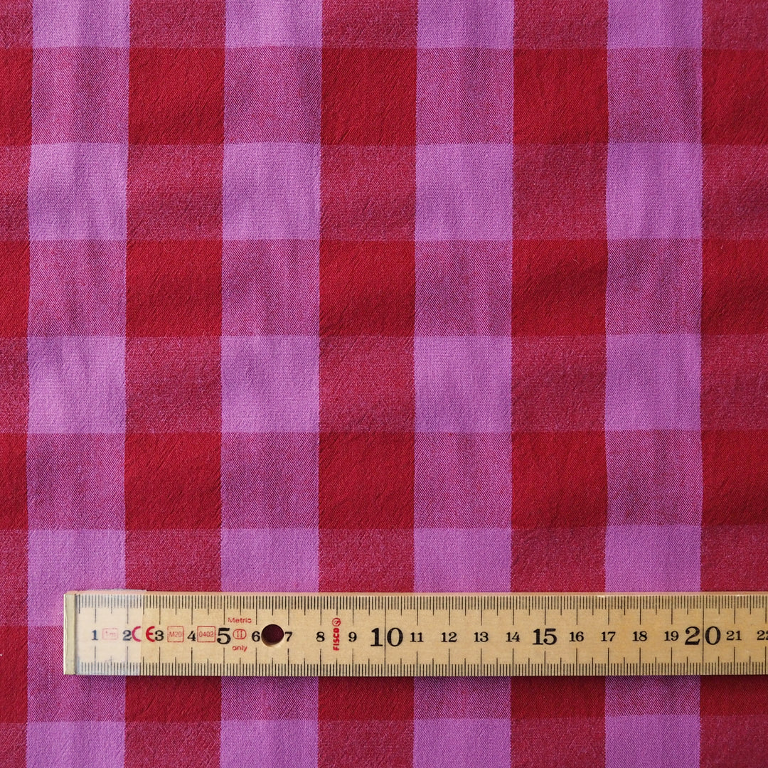 Fuchsia & Red Yarn Dyed Cotton Check Fabric for dressmaking