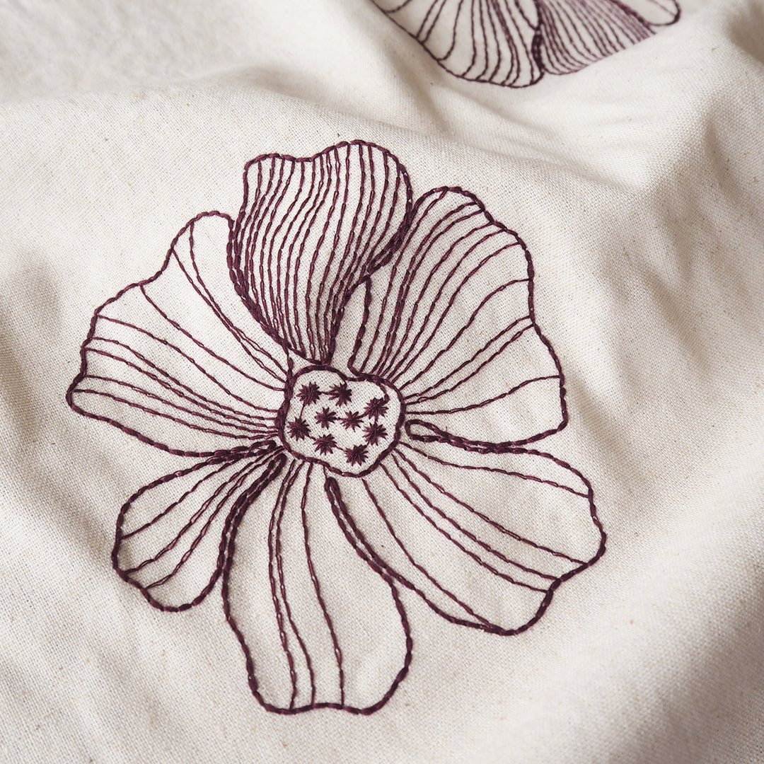 Ecru Floral Stitch Embroidered Viscose Linen Fabric for dressmaking