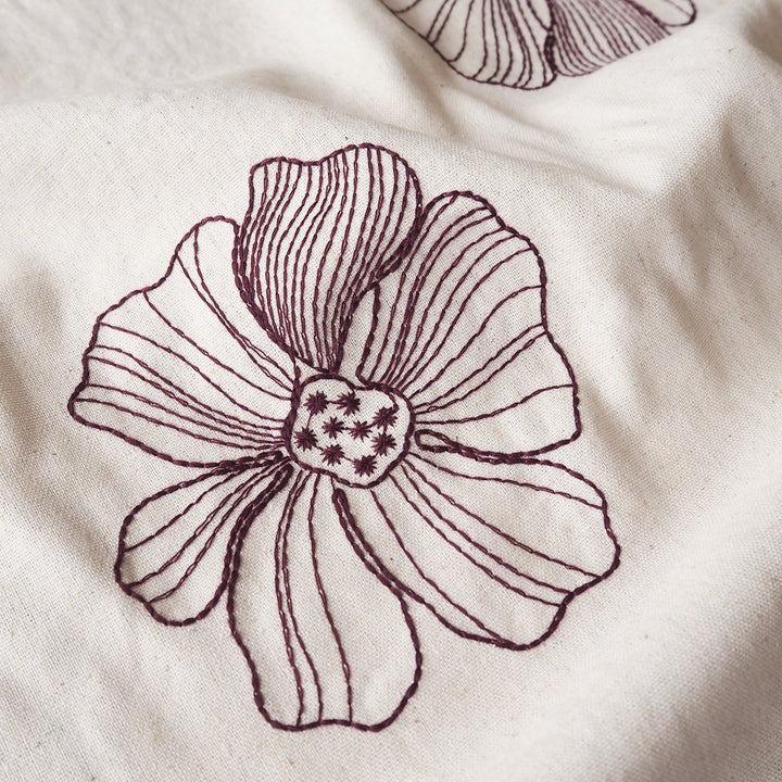 Ecru Floral Stitch Embroidered Viscose Linen Fabric for dressmaking