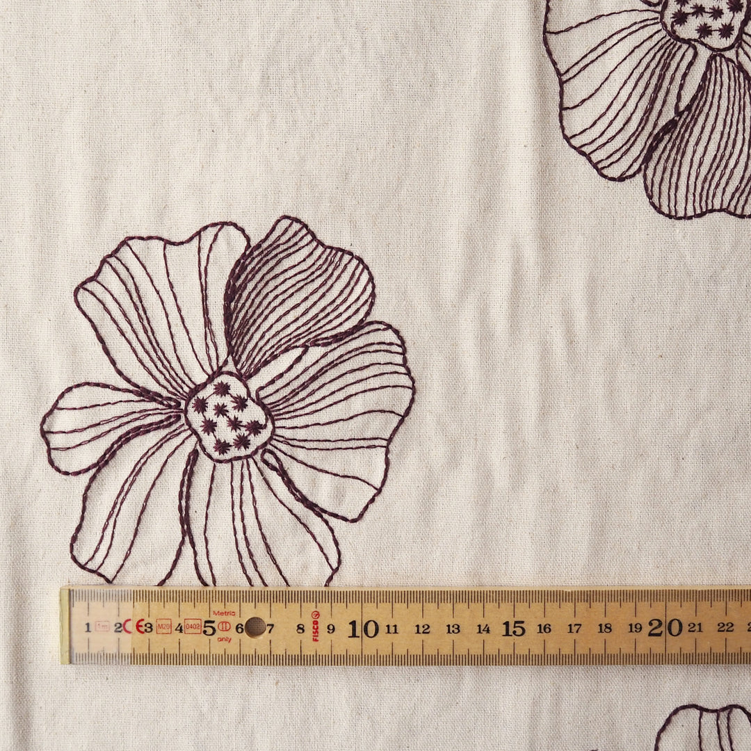 Ecru Floral Stitch Embroidered Viscose Linen Fabric for dressmaking