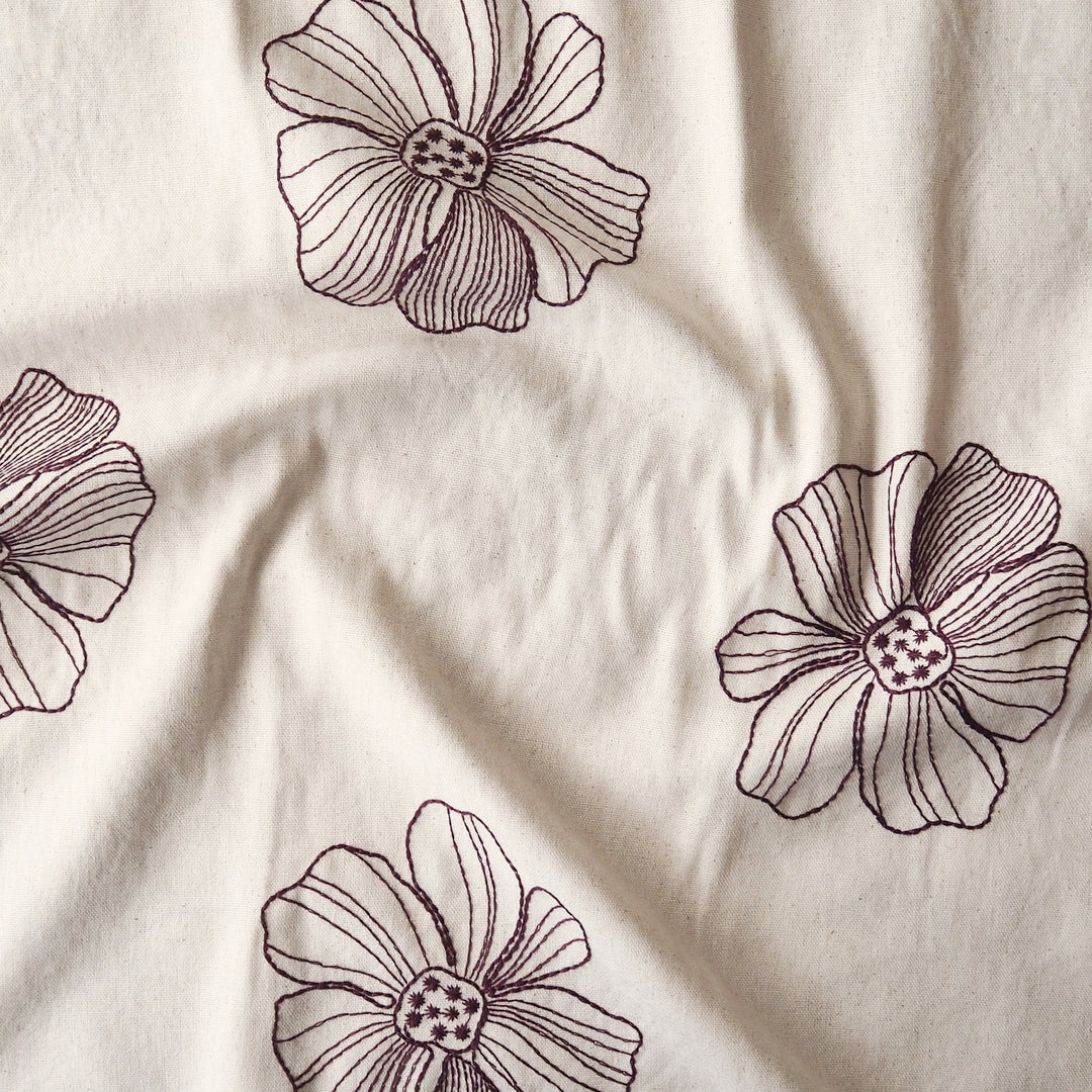 Ecru Floral Stitch Embroidered Viscose Linen Fabric for dressmaking