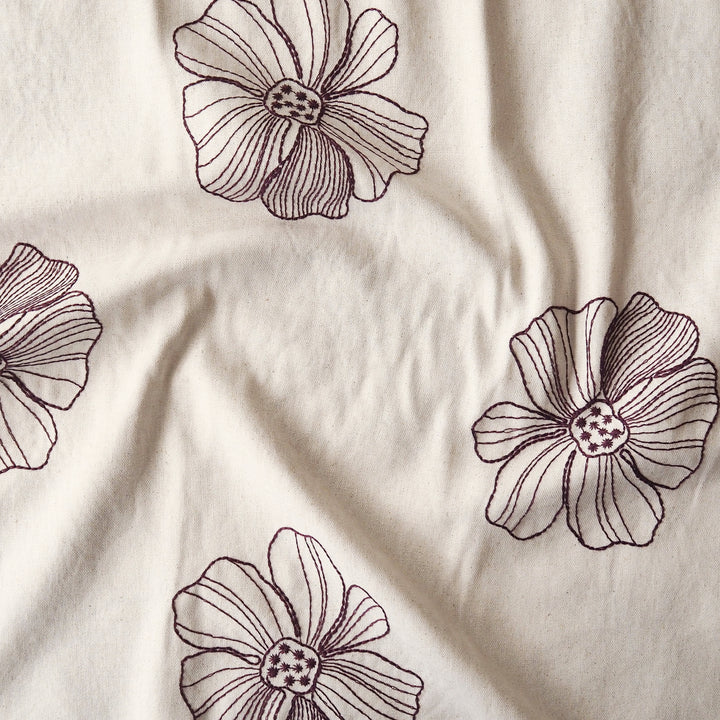 Ecru Floral Stitch Embroidered Viscose Linen Fabric for dressmaking