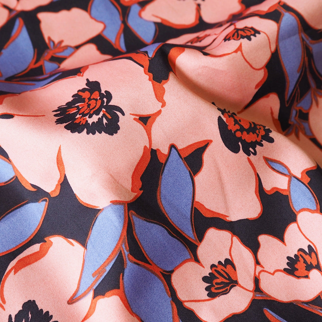 Coral Floral Crush Cotton Sateen Fabric for dressmaking