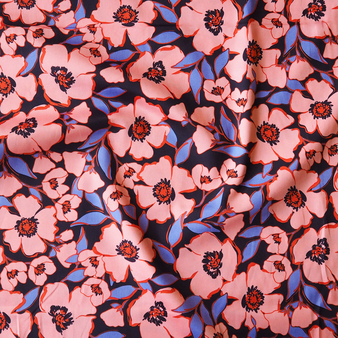 Coral Floral Crush Cotton Sateen Fabric for dressmaking