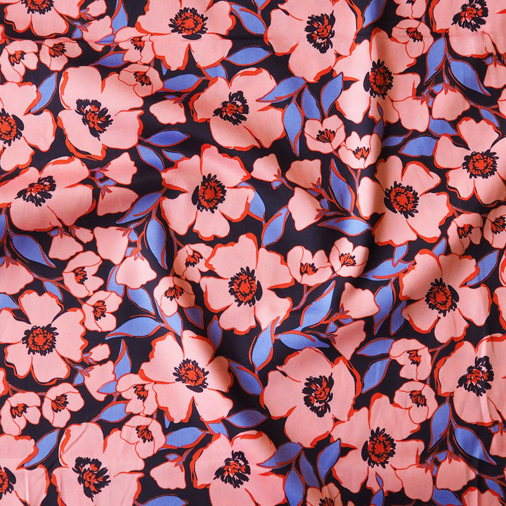 Coral Floral Crush Cotton Sateen Fabric for dressmaking