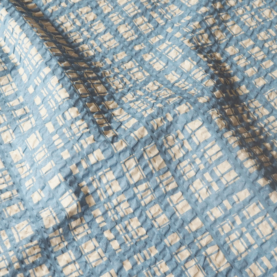 Sevenberry Powder Blue Grid Ripple Seersucker Cotton Fabric for dressmaking