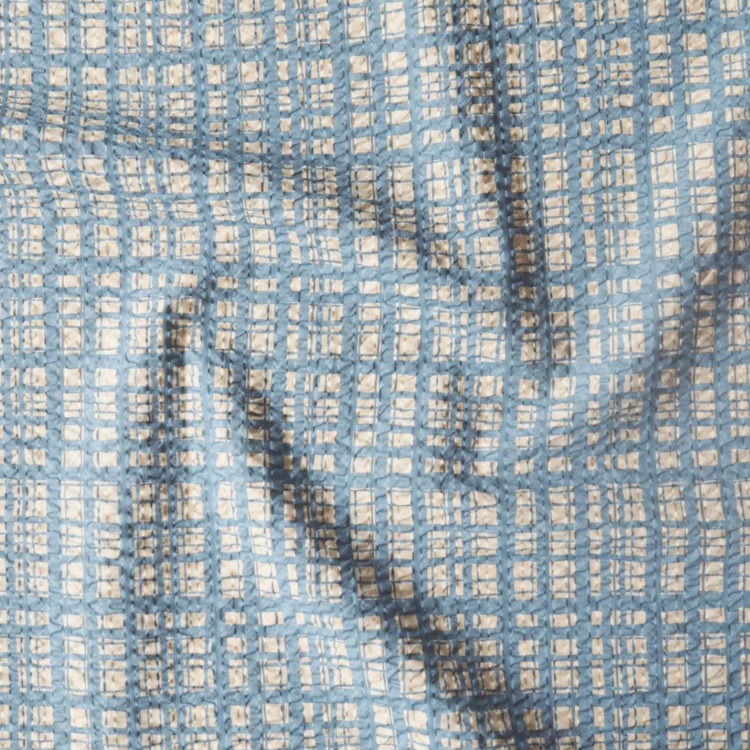 Sevenberry Powder Blue Grid Ripple Seersucker Cotton Fabric for dressmaking