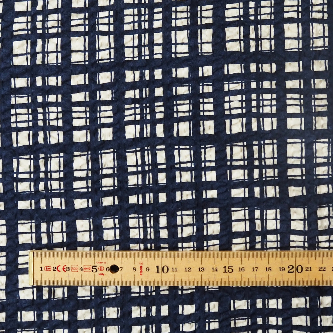Sevenberry Navy Grid Ripple Seersucker Cotton Fabric for dressmaking