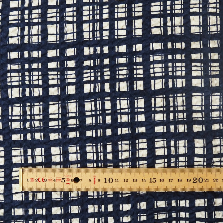 Sevenberry Navy Grid Ripple Seersucker Cotton Fabric for dressmaking