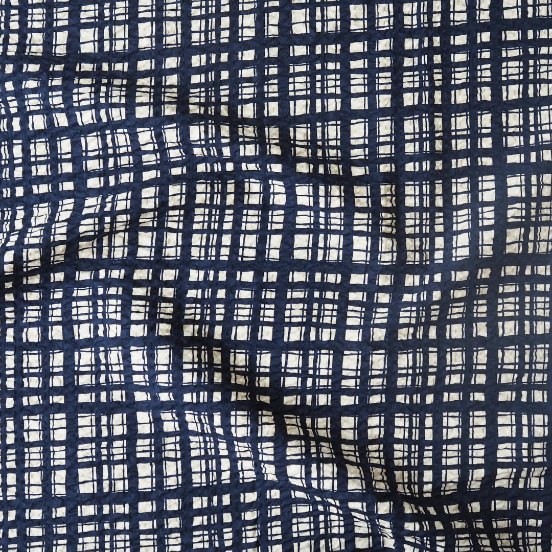 Sevenberry Navy Grid Ripple Seersucker Cotton Fabric for dressmaking
