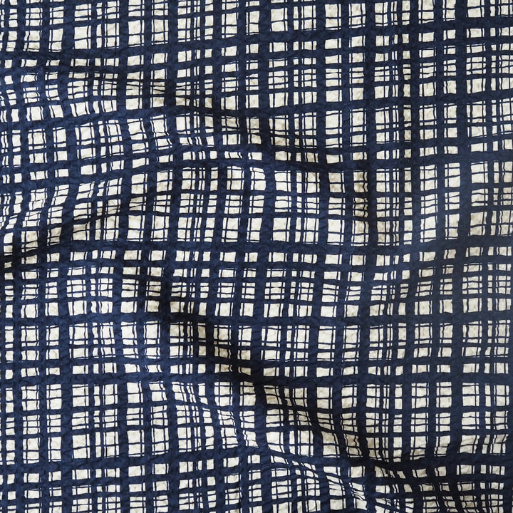 Sevenberry Navy Grid Ripple Seersucker Cotton Fabric for dressmaking