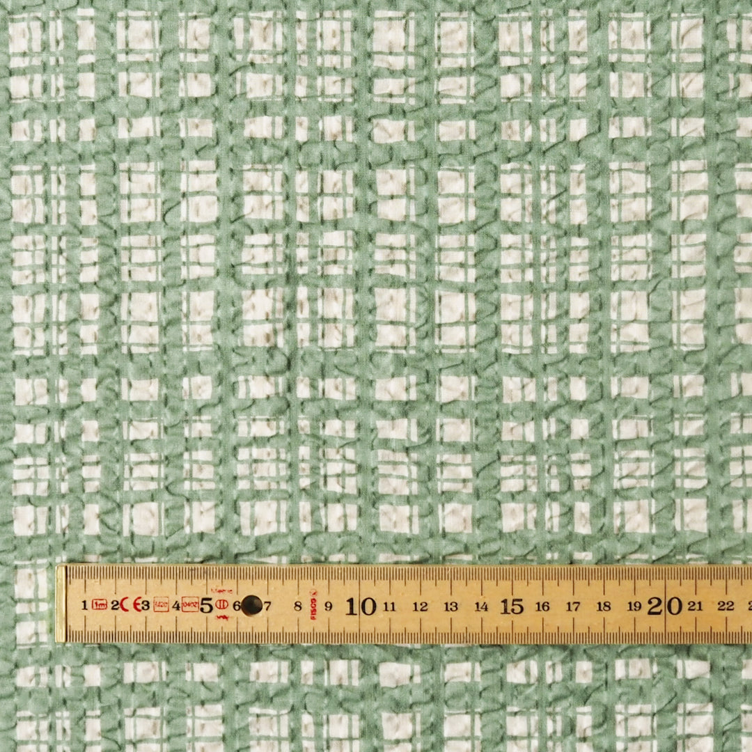 Sevenberry Sage Grid Ripple Seersucker Cotton Fabric for dressmaking