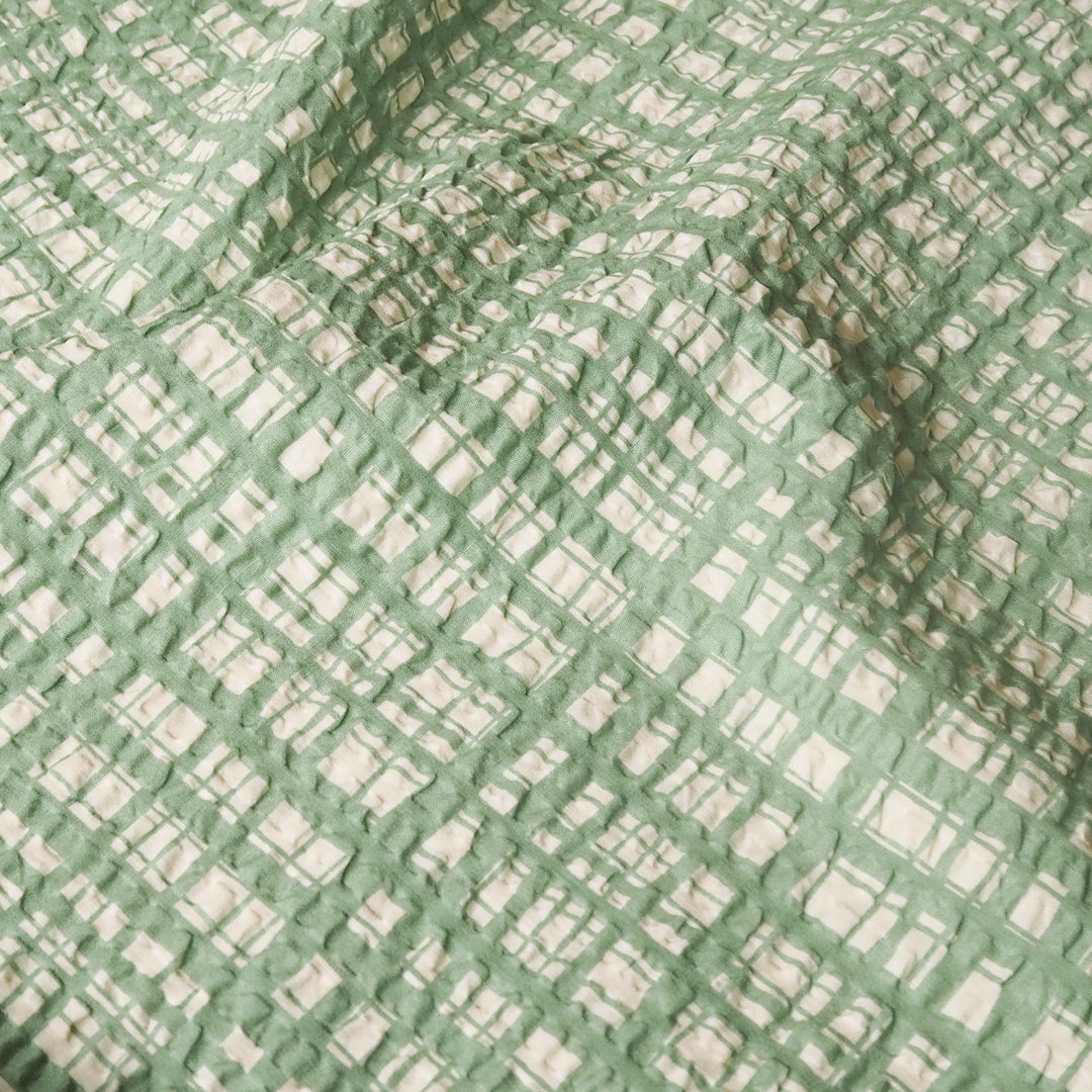 Sevenberry Sage Grid Ripple Seersucker Cotton Fabric for dressmaking