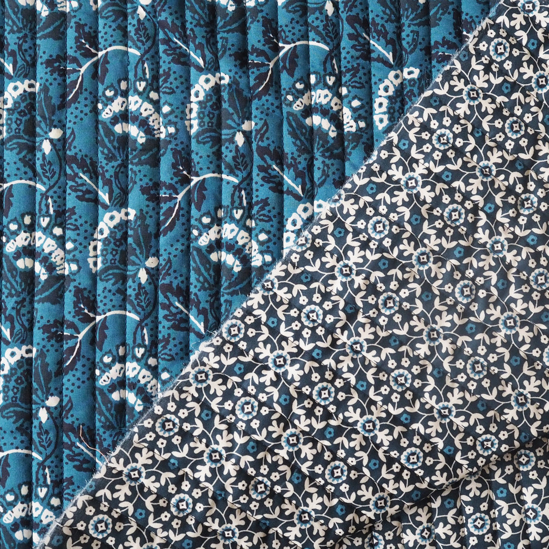 Close-up of blue and white floral fabric pattern