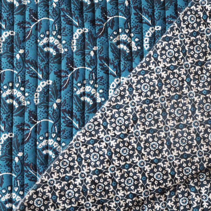 Close-up of blue and white floral fabric pattern