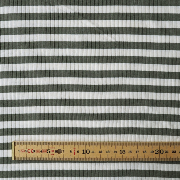 Mosswood Stripe Ribbed Cotton Jersey Fabric for dressmaking