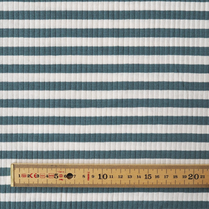 Teal Stripe Ribbed Cotton Jersey Fabric for dressmaking