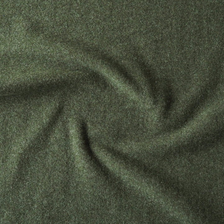 A close-up of dark olive green textured fabric, swirled in the center to show its soft, heathered surface.