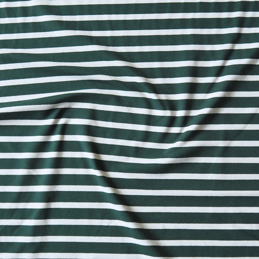 Dark green and mint horizontally striped fabric with a soft, draped texture.