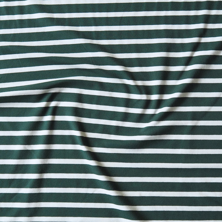 Dark green and mint horizontally striped fabric with a soft, draped texture.