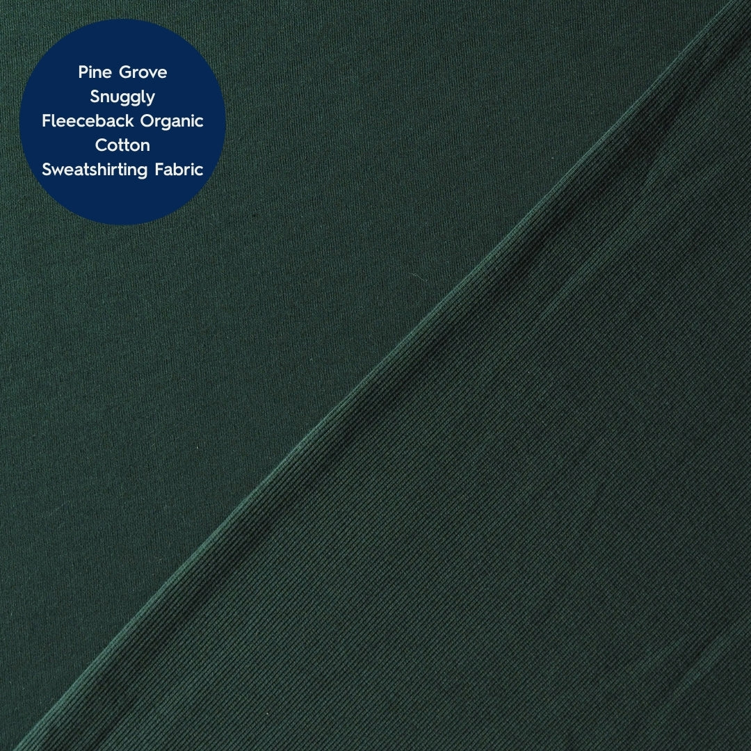 Dark forest green fleeceback cotton sweatshirting fabric shown with a diagonal fold line and a blue circular text label in the top left corner.