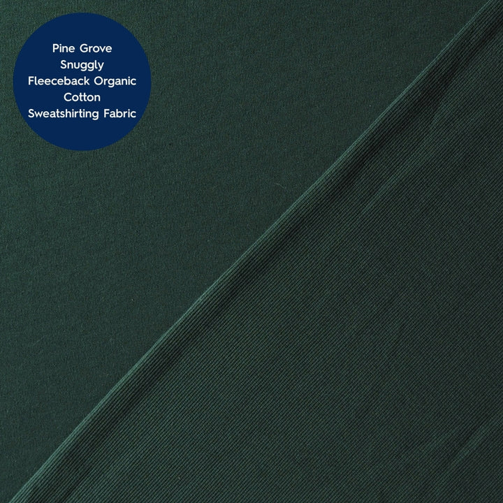 Dark forest green fleeceback cotton sweatshirting fabric shown with a diagonal fold line and a blue circular text label in the top left corner.