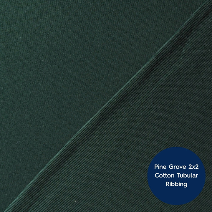 Dark pine green cotton tubular ribbing fabric texture shown diagonally with a blue circular label reading 'Pine Grove 2x2 Cotton Tubular Ribbing'.