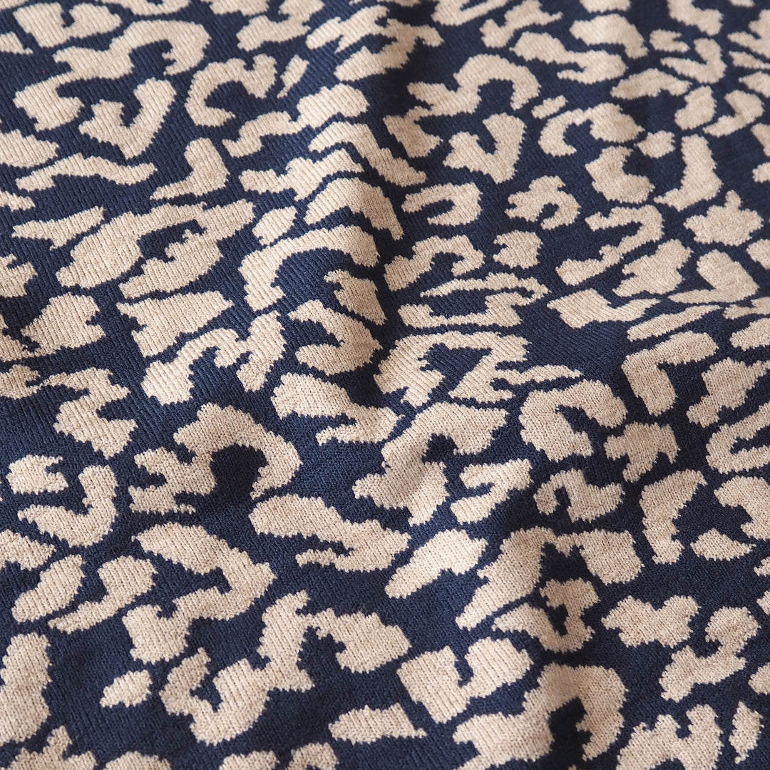 Navy Leopard Reversible Viscose Blended Knit Fabric