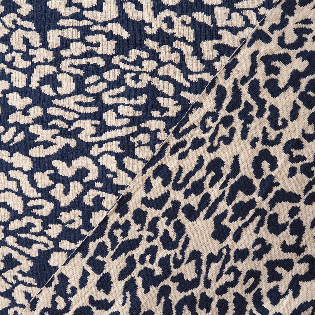 Navy Leopard Reversible Viscose Blended Knit Fabric