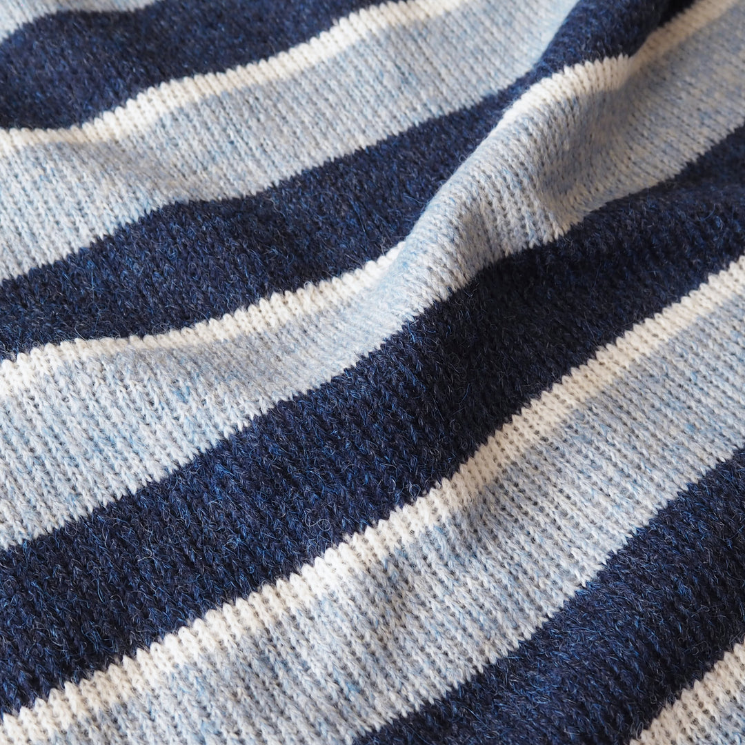 A close-up of a knitted fabric with horizontal stripes in navy blue, light blue, and off-white, showing the detailed knit texture.