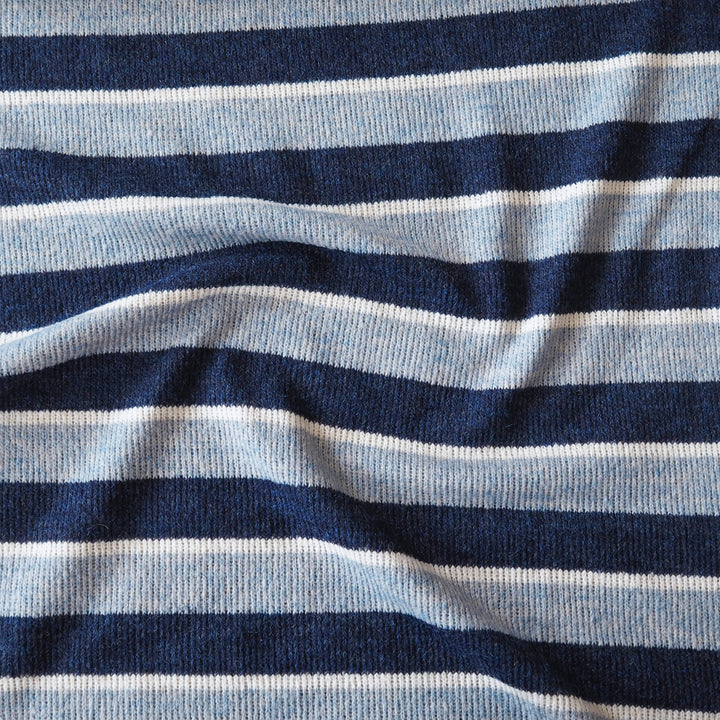 A close-up of a ribbed knit fabric with horizontal stripes in navy blue, light blue, and white.