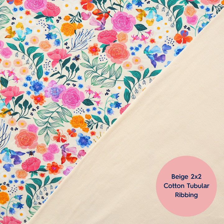 A fabric sample split diagonally, showing a multicolor floral print on one side and a solid beige cotton tubular ribbing on the other, with a pink label reading 'Beige 2x2 Cotton Tubular Ribbing'.