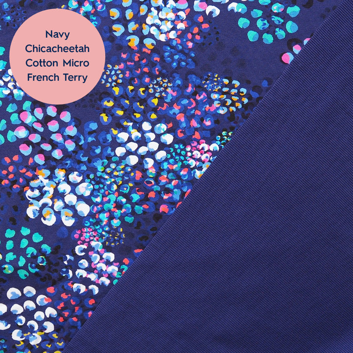 Plain navy 2x2 rib cotton ribbing fabric, dyed to match Navy Chicacheetah Cotton French Terry.